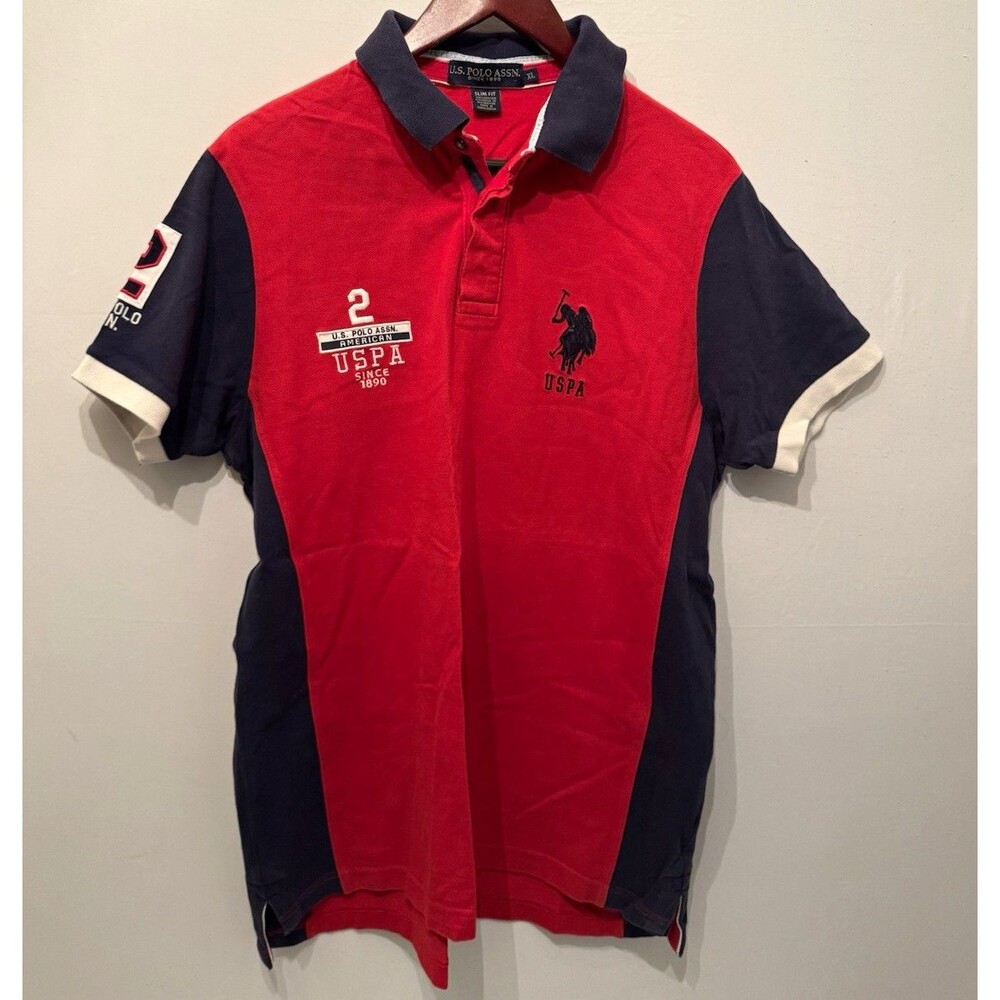 U.S. Polo Assn. Men’s XL Slim Fit Red Navy White Colorblock Polo Shirt Logo